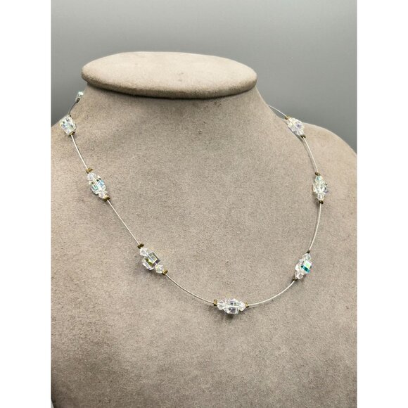 Aurora Borealis Crystal Necklace Spaced Station Delicate Silver 925 Clasp - Picture 6 of 8